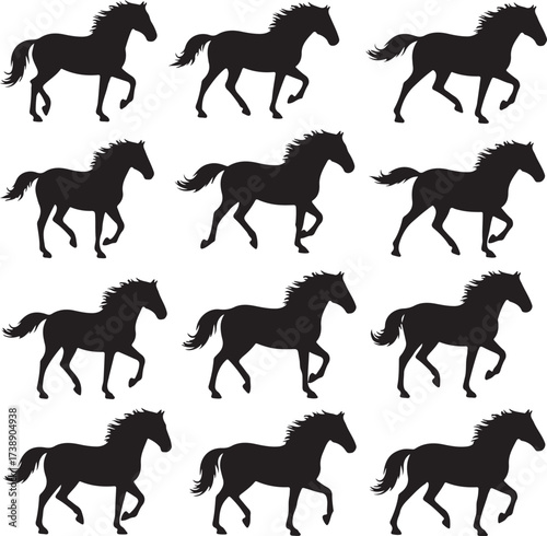 Black Horse Silhouette: The silhouettes of multiple elegant horses stride in unison, each representing power, grace, and the wild essence of freedom.
