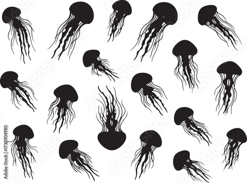 Ocean's Dance: A mesmerizing graphic art composed of elegantly outlined jellyfish. A symphony of aquatic life floats through the ocean, a visual poem in monochrome. 