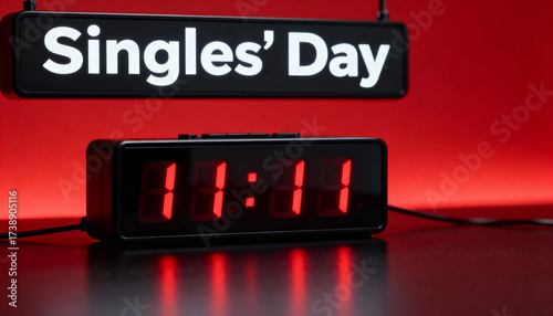 A digital clock displays 11:11 with a bright Singles' Day sign on a red background, symbolizing November 11 sales, a shopping spree, e-commerce growth, and consumer anticipation.
