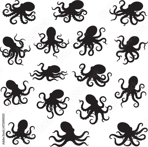 Octopus Silhouettes: A captivating composition of various octopus silhouettes in monochrome, evoking the allure of underwater life and marine wonder. 
