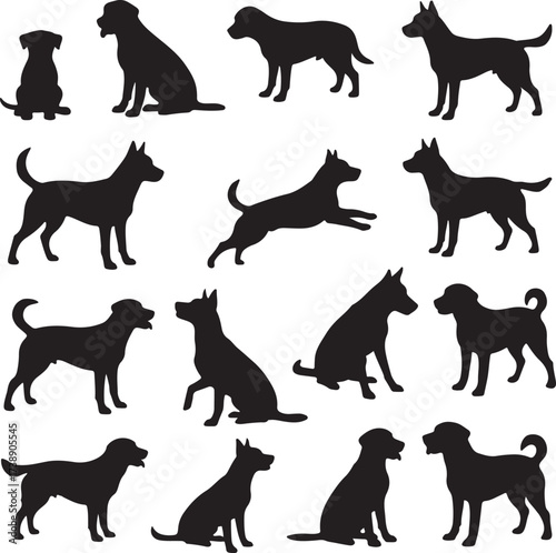 Dog Silhouette Collection: A diverse collection of dog silhouettes. capturing the variety of poses and breeds, creating a striking visual representation.