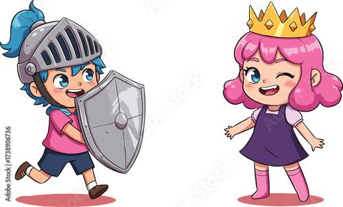 Cute cartoon illustration of little boy wearing knight helmet with shield, happy girl princess with crown smiling, fantasy kids roleplay game