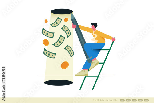 The illustration depicts a person on a ladder holding a large pencil reaching towards a beam of light with falling banknotes and coins