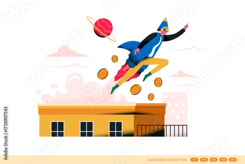 Stylized person in jetpack suit flies over building with planets and coins