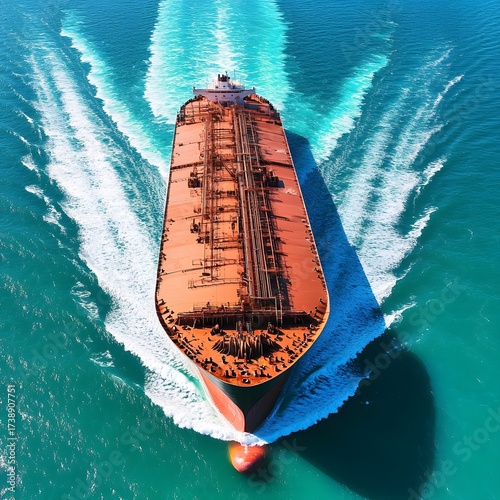 Aerial view of large tanker ship sailing blue sea water, industry transport