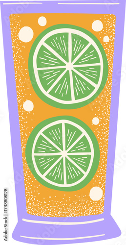 Tall glass with two lime slices and orange liquid light purple border
