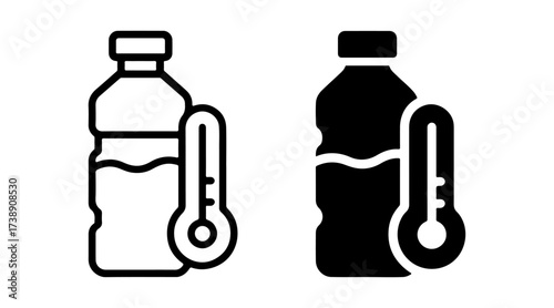 AI water bottle temperature checker icon set with outline and solid styles, smart hydration monitor symbol, machine learning beverage tracking graphic, intelligent sensor technology element