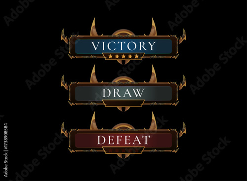 Fantasy victory draw defeat banner UI. Ornamental horned medieval gothic result screen with star rating for rpg moba mmorpg strategy card game battle interface. Dark fantasy ornate overlay pack.