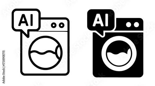 AI washing machine icon set with outline and solid styles, smart laundry appliance symbol, machine learning automated cleaning graphic, intelligent fabric care technology element