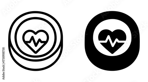 AI heart rate tracking ring icon set with outline and solid styles, smart fitness wearable symbol, machine learning health monitoring graphic, intelligent sensor technology element