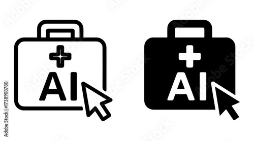 AI medical kit icon set with outline and solid styles, smart healthcare box symbol, machine learning emergency care graphic, intelligent diagnostic technology element