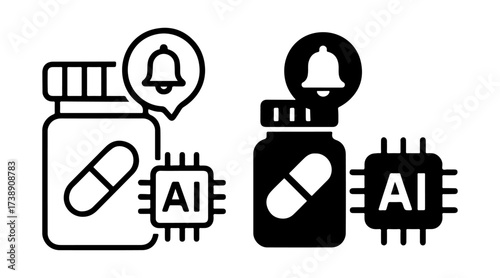 AI smart pill bottle reminder icon set with outline and solid styles, intelligent medication tracker symbol, machine learning prescription alert graphic, automated healthcare technology element