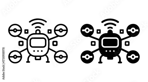AI flying taxi drone icon set with outline and solid styles, smart aerial vehicle symbol, machine learning urban mobility graphic, intelligent transportation technology element