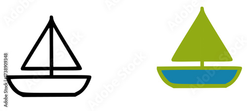 Sailboat illustration with green sail and blue hull.