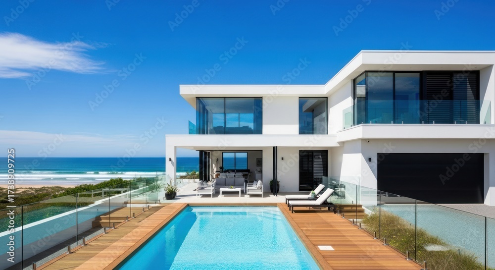 Fototapeta premium Modern, luxurious home showcases a pristine outdoor swimming pool with clear turquoise water and wooden decking, offering stunning views of a sandy beach and the vast, deep blue ocean under a clear,