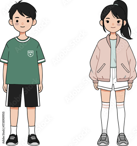 Cute cartoon teenage boy and girl standing together, casual modern clothing, youth character illustration, fashion style, vector artwork, school age children