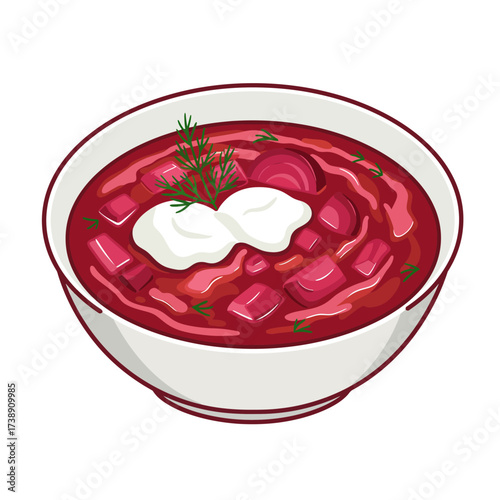 Flat Design Russian Borscht Bowl, Vector Illustration with Bold Outlines, Isolated on White Background