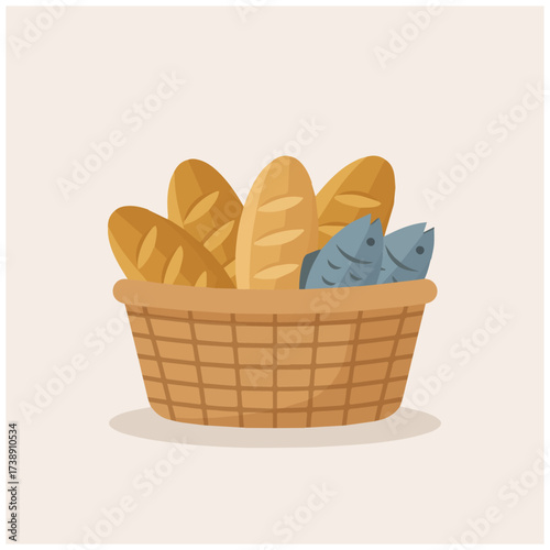 Miracle Basket Illustration (5bread-2fish), bible story