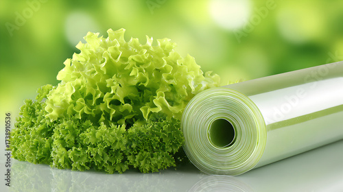 Fresh green lettuce next to a roll of transparent, biodegradable food wrap.
