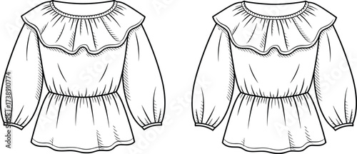 Women blouse flat sketch, ruffle blouse design, cad fashion drawing, long sleeve blouse vector, apparel template, garment technical illustration, stylish top outline, clothing design