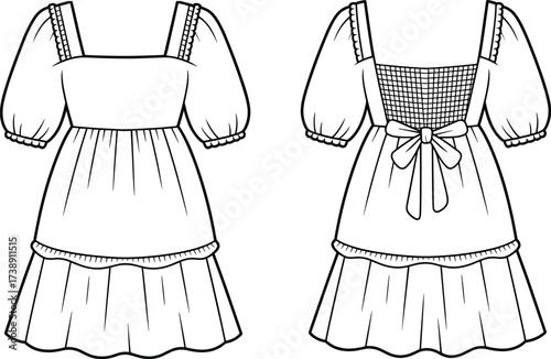 Women dress flat sketch, cad drawing vector, puff sleeve dress design, bow tie back technical illustration, apparel template, fashionable garment outline, clothing design