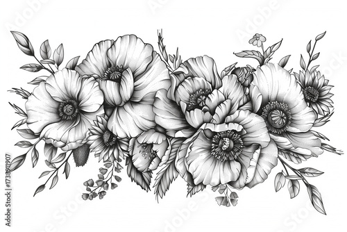  Intricate black and white ink drawing of detailed botanical flowers in hand-drawn style
