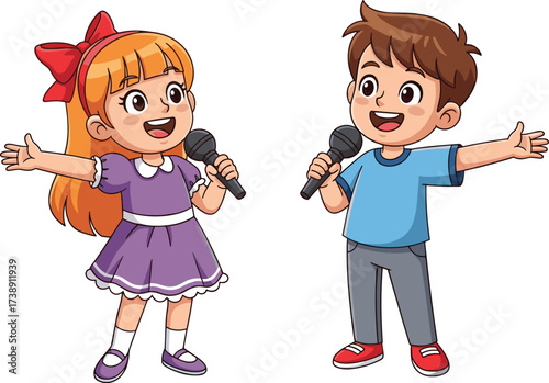 Happy cartoon boy and girl singing with microphones, kids performance illustration, joyful children characters, music concert show, fun entertainment drawing