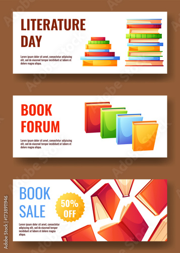 Three horizontal flyers featuring colorful books with text. Templates for flyers featuring abstract literature for library readings and educational events, store sales, and bookstore promotions.