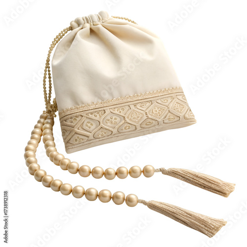 Cream Drawstring Pouch with Ornate Border and Pearl Tassels on Black Background white