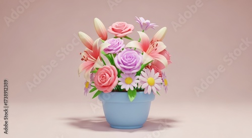 Wallpaper Mural A vibrant bouquet of colorful flowers in a blue pot against a soft pink background. Torontodigital.ca