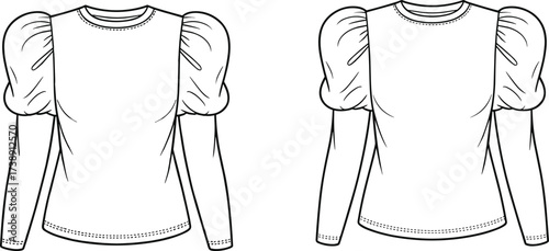 Women blouse flat sketch, cad drawing vector, puff sleeve blouse design, long sleeve top technical illustration, apparel template, fashionable garment outline, clothing design