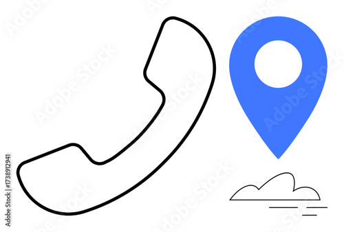 Black phone receiver and blue location pin with small cloud. Ideal for connectivity, navigation, customer service, support, communication, logistics, and travel. Simple flat metaphor