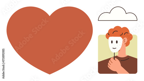 Large heart, profile of a person holding a mask with a neutral face, cloud above. Ideal for self-expression, sincerity, emotion, duality, self-awareness identity authenticity. Simple flat metaphor