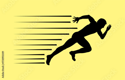 Silhouette vector illustration of a running athlete with speed motion effect on yellow background