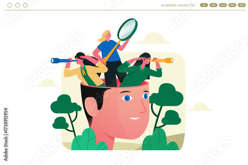 Three people peering through spyglasses and a magnifying glass from a large head