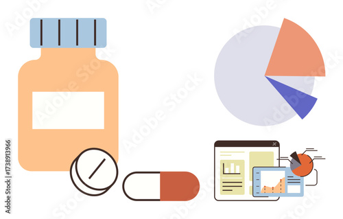 Medication bottle with pills and capsules, pie charts, graphs, and detailed data analysis dashboard. Ideal for healthcare, pharmacy, research, statistics, medical analysis decision making simple