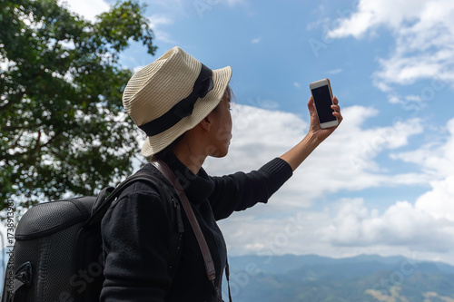Lifestyle traveler women happy feeling good relax and freedom facing . Travel Concept