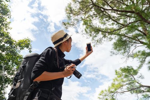 Lifestyle traveler women happy feeling good relax and freedom facing . Travel Concept