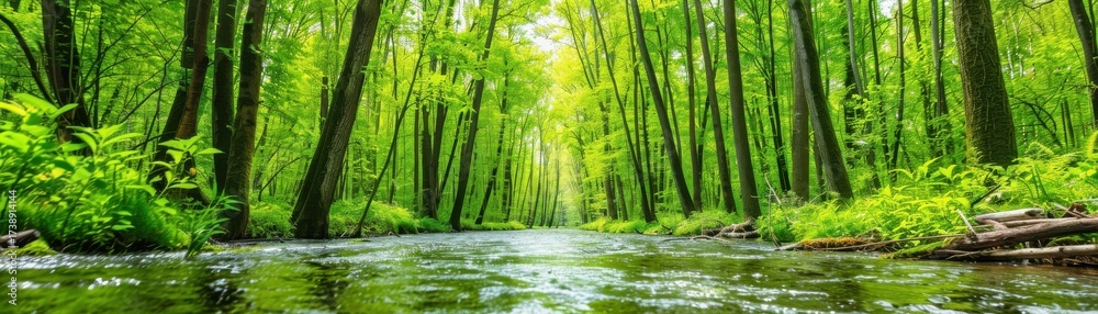 Obraz premium A serene, lush forest scene with a flowing river, showcasing vibrant green trees and tranquil waters under soft sunlight.