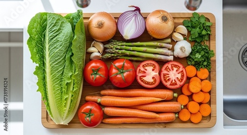 Fresh Vegetables on Wooden Board: Lettuce, Tomatoes, Carrots, Onions, Garlic and Herbs