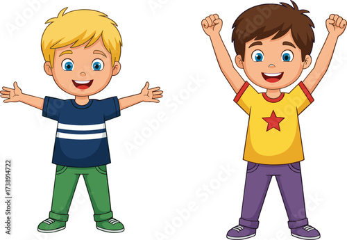 Happy cartoon boys smiling with arms raised, children celebrating joy, friendship fun illustration, cheerful kids excitement concept, playful childhood activity background