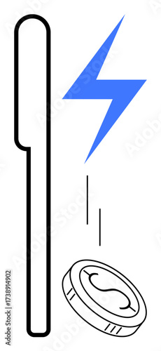 Stylized contactless device with blue lightning bolt and falling coin emphasizes modern payment systems. Ideal for technology, innovation, finance, cashless transactions, e-commerce, fintech