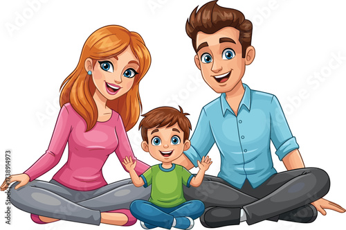Happy cartoon family sitting together, smiling parents with child, loving father mother son illustration, family happiness concept, parenting artwork vector clipart