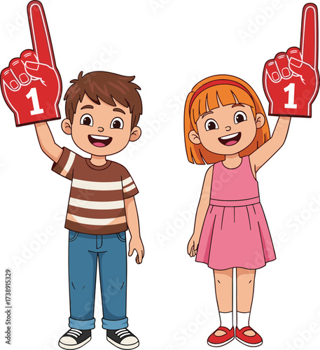 Happy children holding foam finger number one, cheering cartoon kids illustration, fan support vector, celebration, winner sign, playful sports enthusiasm, fun