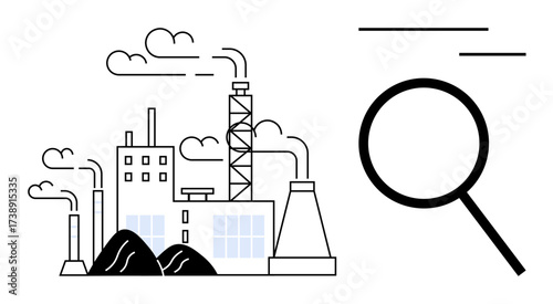 Factory emitting smoke with large chimneys and coal piles under clouds. Magnifying glass emphasizing analysis. Ideal for environment, industry, pollution, analysis, research, sustainability, energy
