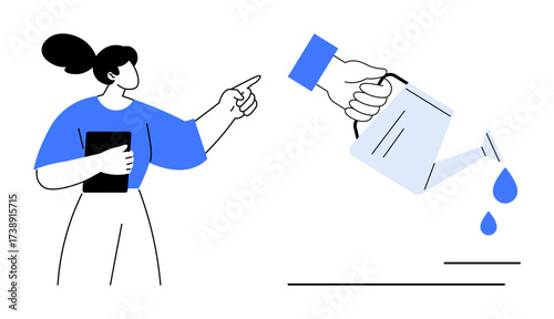 Woman gestures with clarity, holding tablet hand pours water with watering can, symbolizing nurturing, support, growth, and collaboration. Ideal for teamwork, strategy, education business