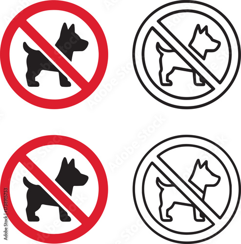No dogs allowed black vector icons set, editable pet restriction prohibition symbols, modern flat minimal style, clean bold shapes, no dog icons, buyer focused vector design