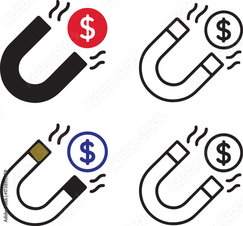 Magnet attracting dollar coin black vector icons set, editable finance money symbols, modern flat minimal style, clean bold shapes, money attraction icons, buyer focused vector design