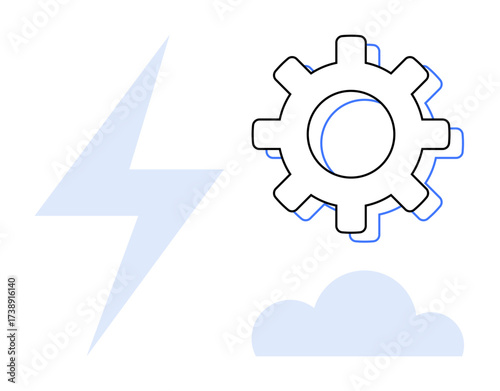Gear placed alongside a lightning bolt and cloud. Ideal for technology, engineering, energy, innovation, cloud computing, automation, and data integration. Simple flat metaphor