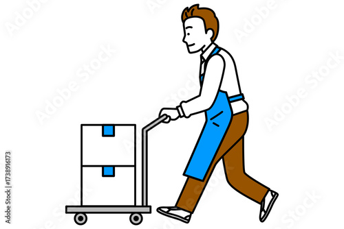 台車で荷物を運ぶエプロン姿の男性